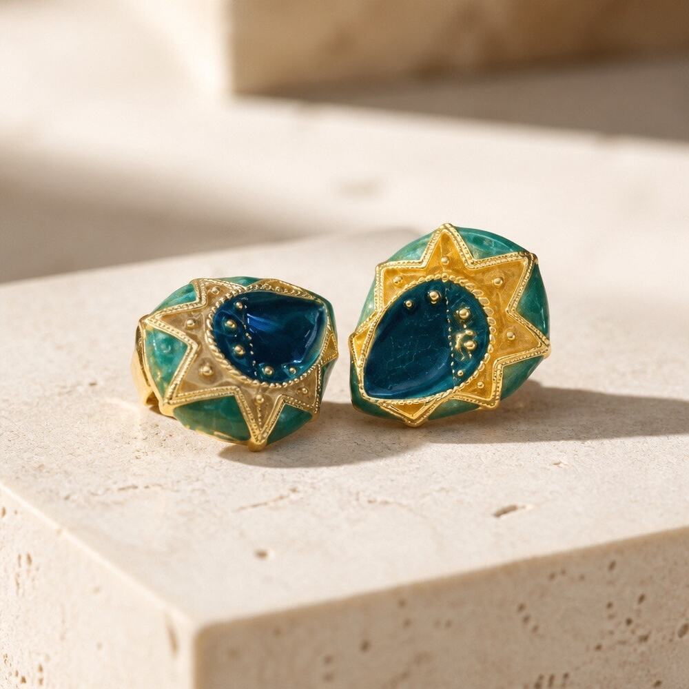The Astrid Studs — 1990s Teal Enamel Textured Gold Starburst Statement Earrings